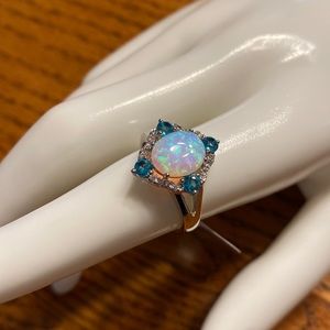 Opal and Blue and White Stone Costume Ring Size 8